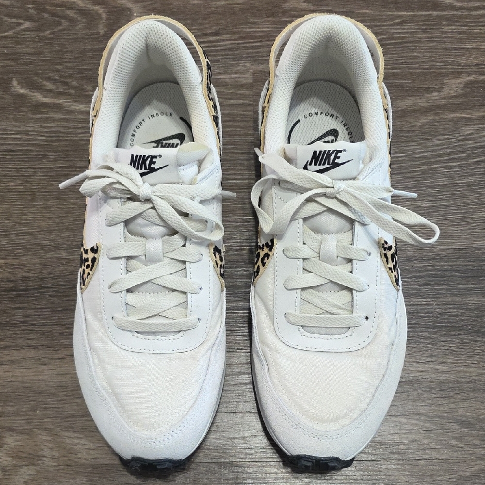Nike Women's White Sneakers with Leopard Swoosh Accents